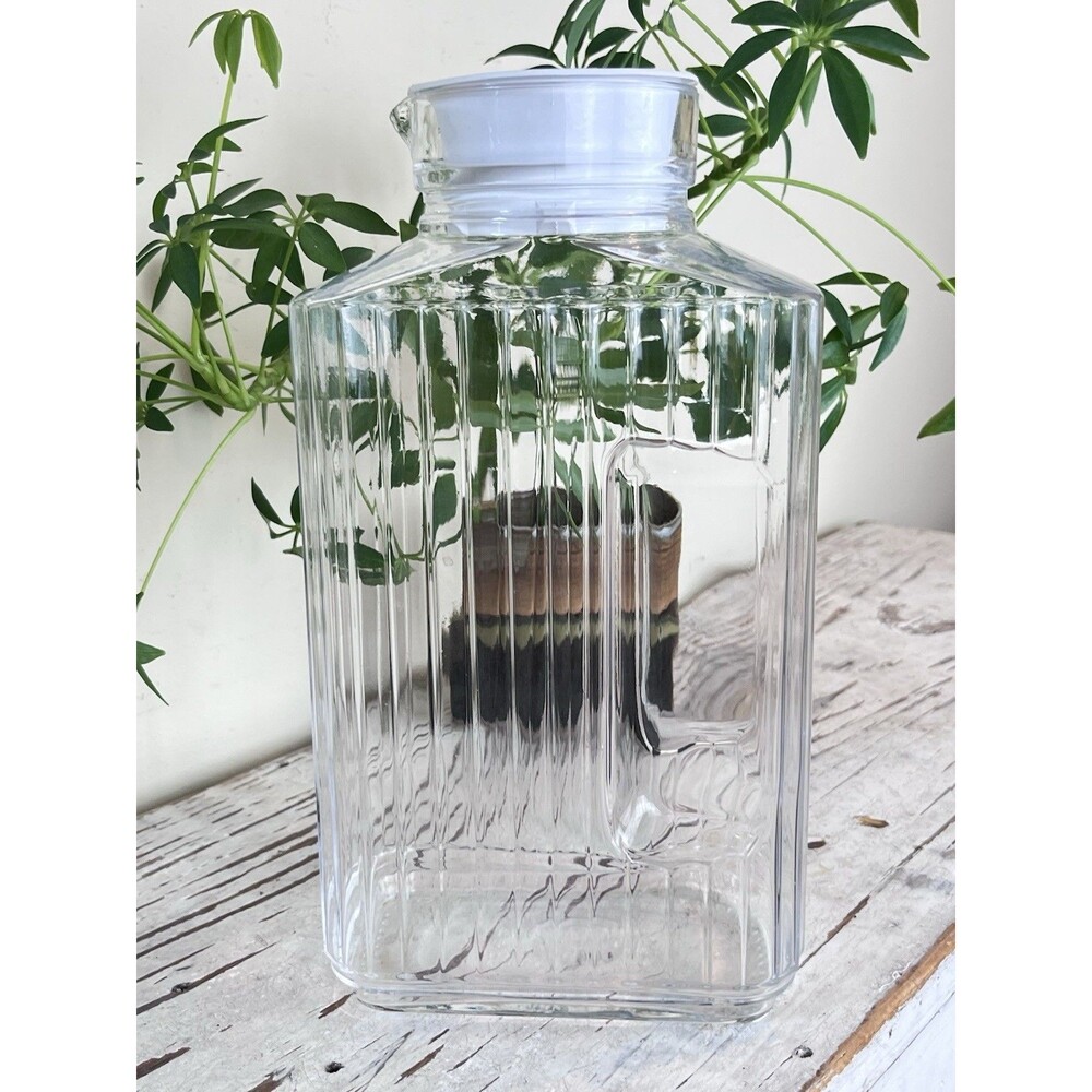Vintage ARC France Glass Ribbed Juice Pitcher W/ Rubber Lid 10.5” Retro Kitchen